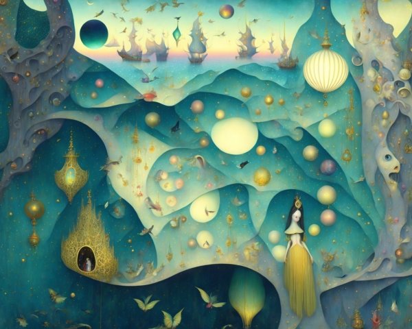 Whimsical Dreamy Landscape with Celestial Elements