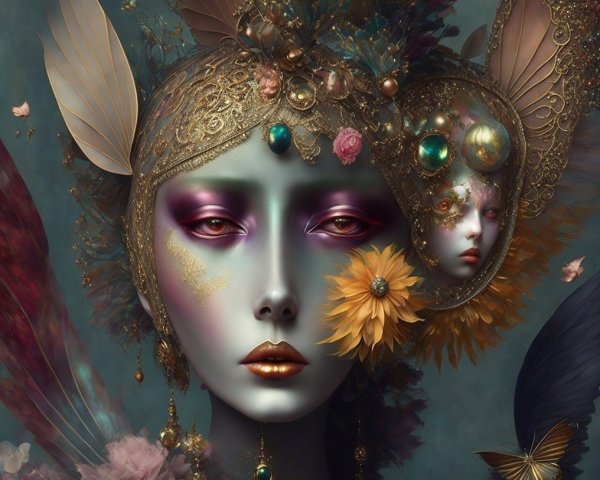 Surreal Figure with Floral Headpiece and Pastel Makeup