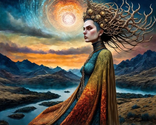 Mystical Figure in Dramatic Mountain Landscape