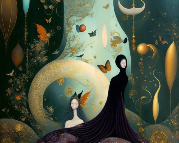 Surreal Landscape with Elegant Figures and Fantasy Elements
