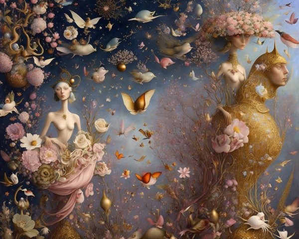Ethereal Figures in a Dreamlike Floral Landscape