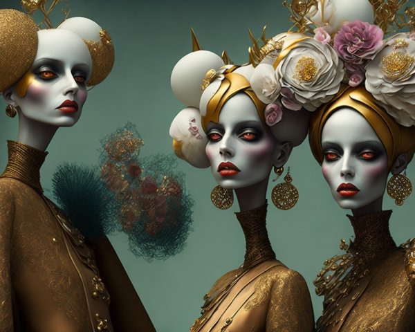 Elegantly Adorned Figures in Ornate Gowns and Headpieces