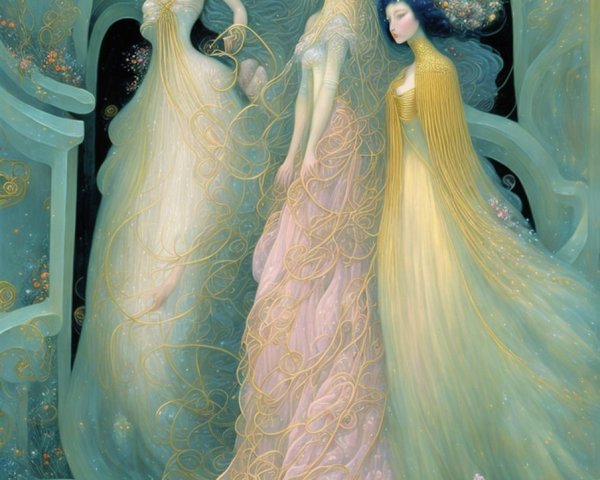 Ethereal Figures in Flowing Gowns Against Mysterious Backdrop