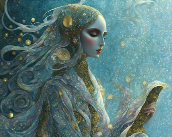 Serene Woman with Flowing Hair and Book in Blue Background