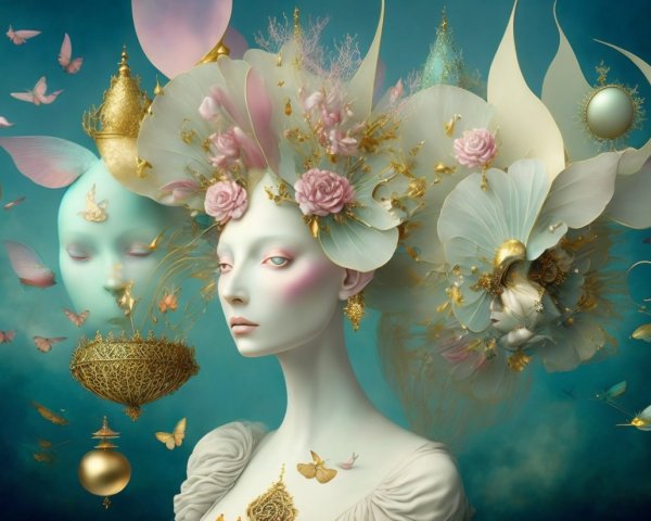 Surreal Composition with Ethereal Figure and Flowers