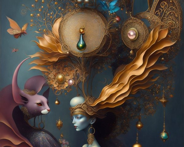 Surreal Artwork of a Graceful Figure and Mystical Cat