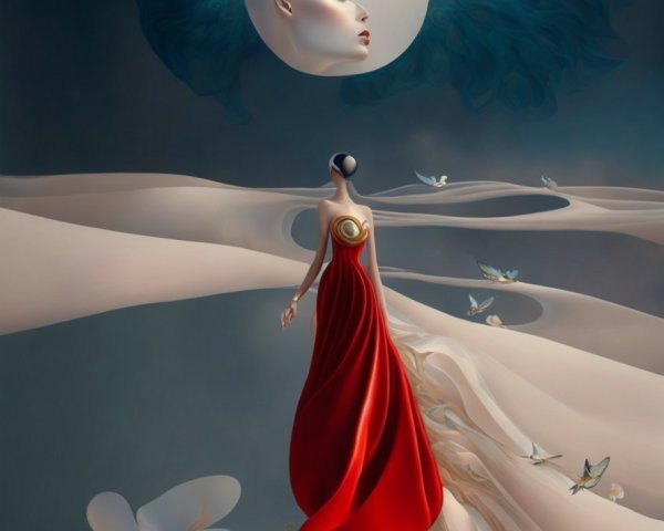 Surreal Scene with Figure in Red Dress and Moon Face