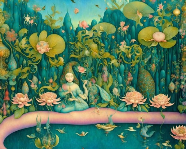 Serene Dreamlike Landscape with Lotus Flowers and Birds
