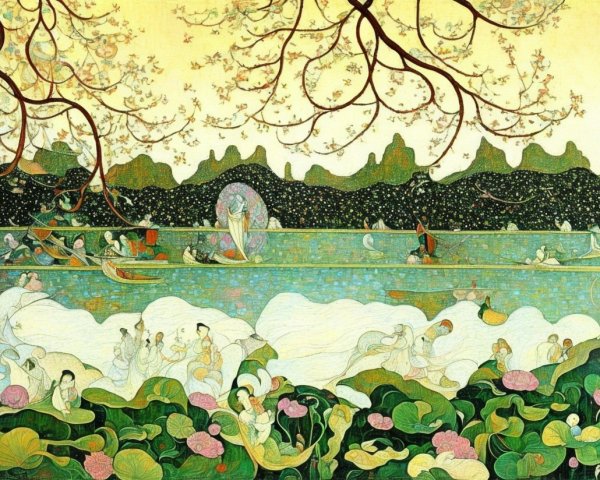 Vibrant Landscape with Traditional Figures and Lotus Flowers