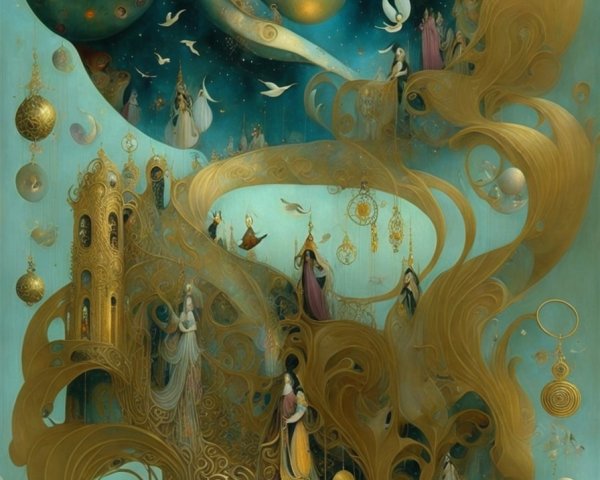 Dreamlike Landscape with Gold and Blue Hues