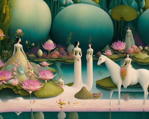 Fantasy Landscape with Ethereal Figures and White Horse