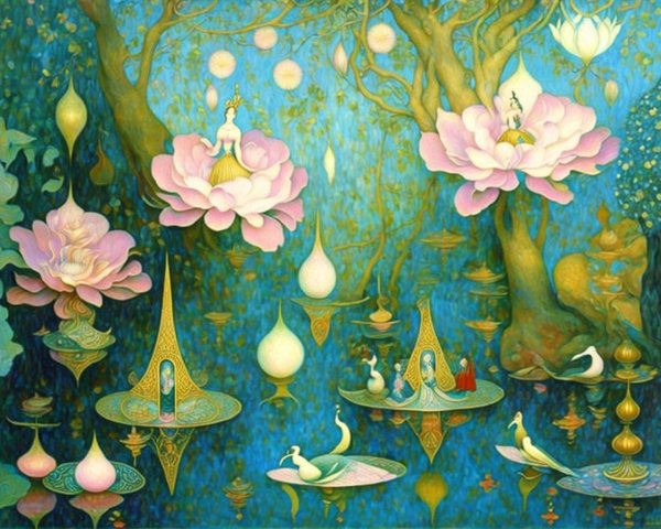 Serene Fantasy Scene with Lotus Flowers and Ethereal Figures