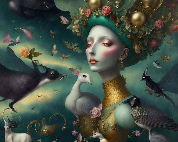 Surreal Scene of Regal Woman in Floral Headdress