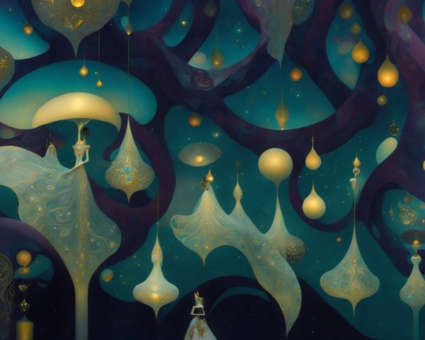 Dreamlike scene with ethereal figures and luminescent orbs