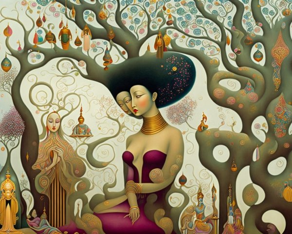 Serene Figures and Fantastical Trees in Artwork
