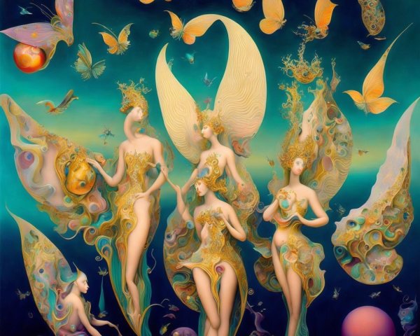 Ethereal Figures in Dreamlike Mythical Landscape