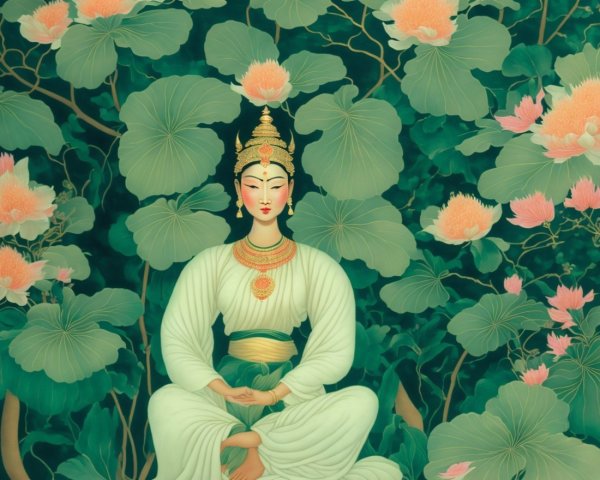 Meditating Figure Amidst Lotus Leaves and Flowers