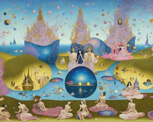 Dreamlike Landscape with Ethereal Figures and Colors