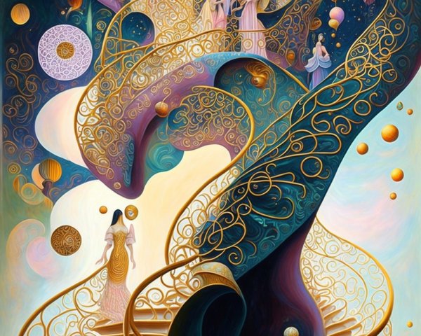 Cosmic Landscape with Golden Spirals and Ethereal Figures