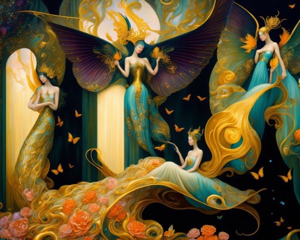 Ethereal Figures in Vibrant Gowns Amidst Nature