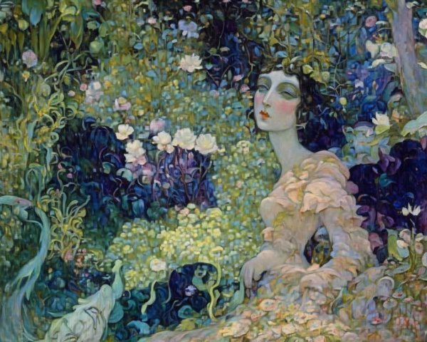 Serene Woman in Enchanted Greenery and Flowers