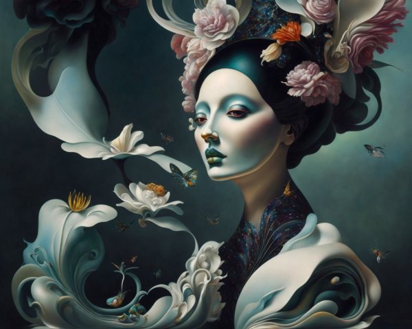 Surreal Portrait of a Woman with Floral Elements
