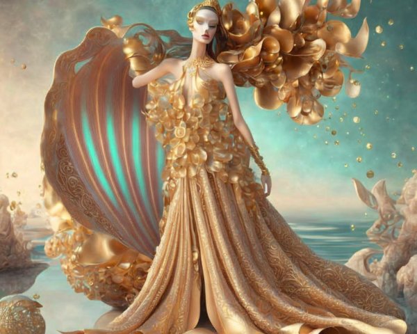 Elegant gown with floral patterns and golden hues
