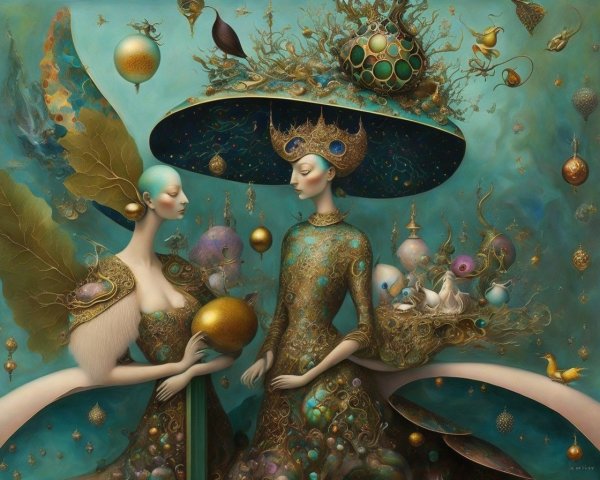 Ethereal Figures in Nature-Inspired Attire and Motifs