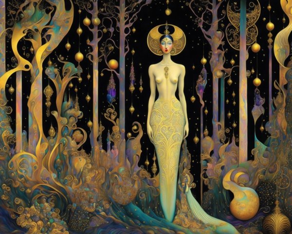 Mystical figure in enchanted forest with golden gown