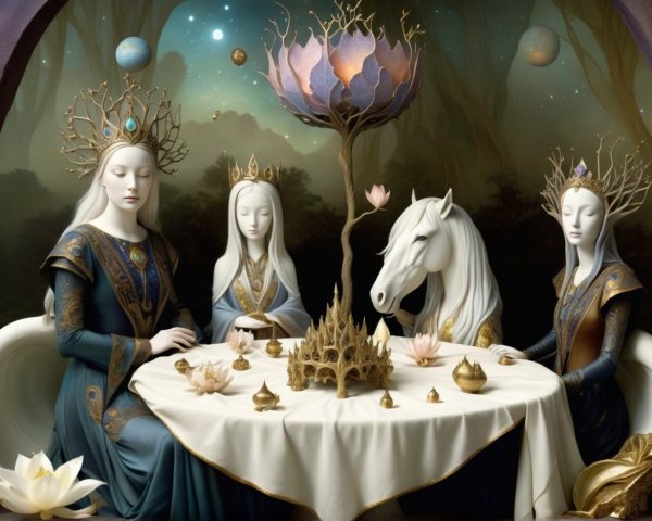 Ethereal Figures and Unicorn in Mystical Setting