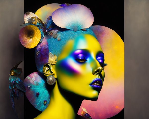 Surreal Portrait of a Woman with Green Skin and Flowers
