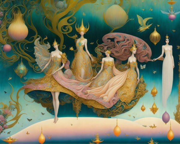 Whimsical Scene with Elegantly Dressed Figures