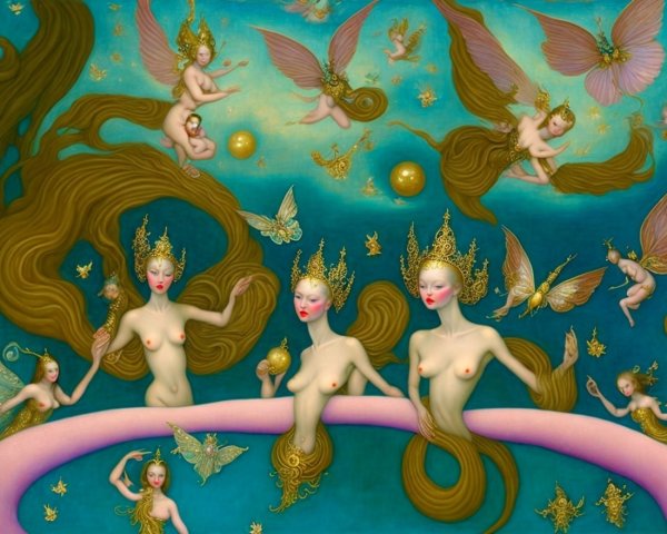 Surreal Dreamscape with Ethereal Figures and Creatures