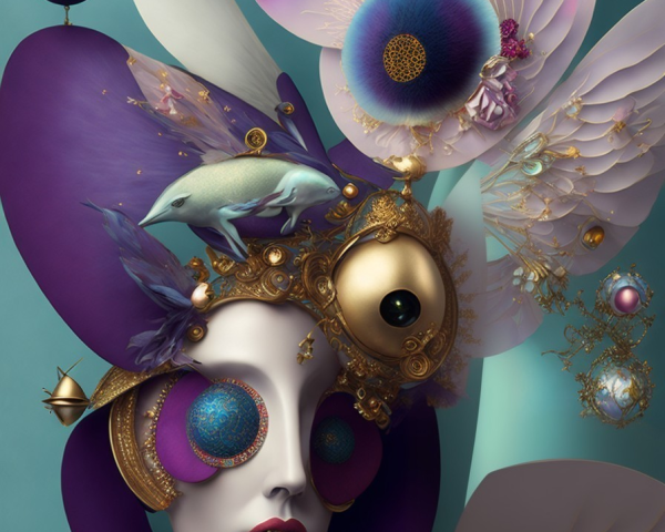 Surreal Figure with Ornate Floral Headpiece and Colors