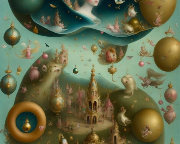 Surrealist Dreamscape with Ethereal Figures and Orbs
