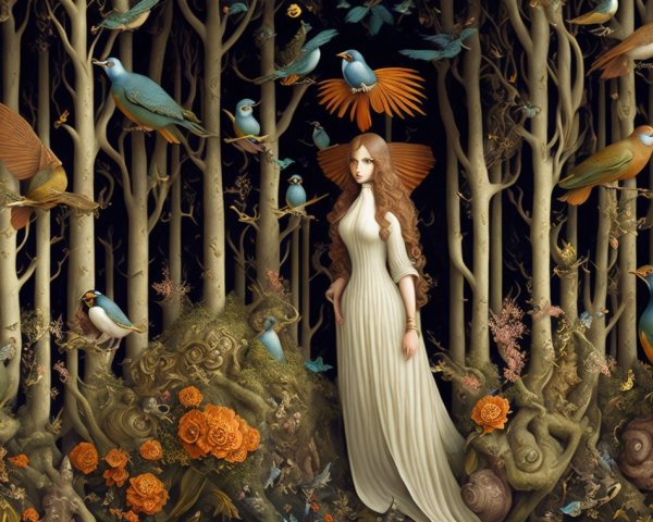 Enchanted Woman in White Dress in Mystical Forest