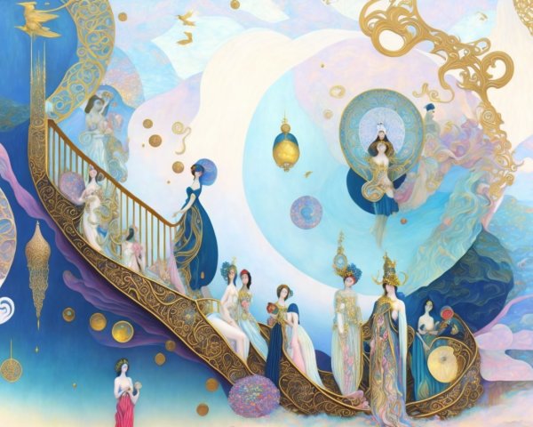 Mystical Scene of Women Ascending an Ornate Staircase