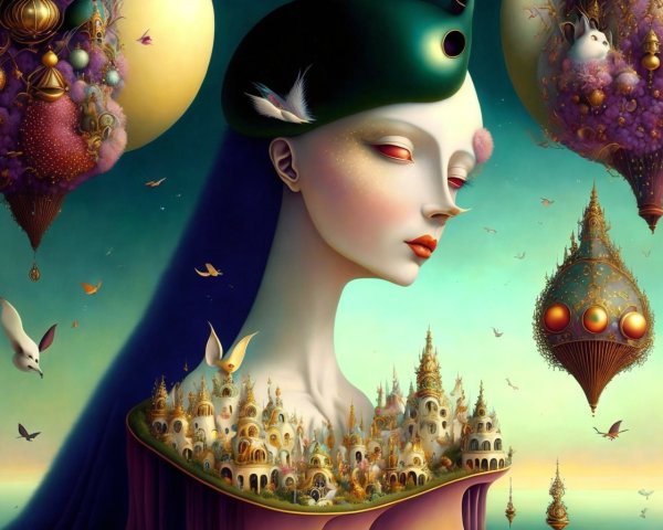 Surreal Artwork of Ethereal Figure with Cityscape Neck