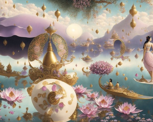 Fantastical Landscape with Floating Islands and Lotus Flowers