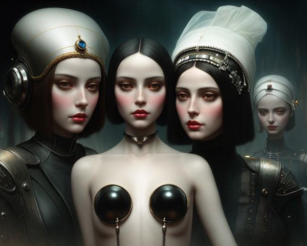 Stylized Figures Merging Futuristic and Historical Elements