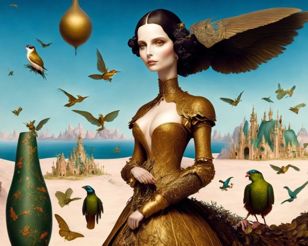 Woman in Golden Dress in Surreal Landscape Scene