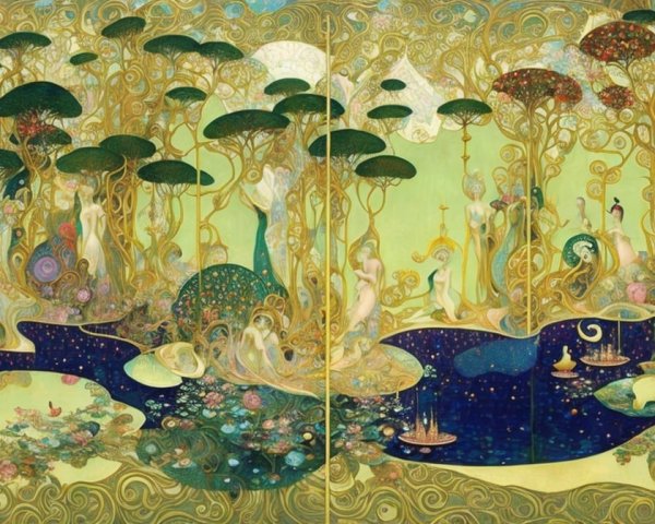 Enchanting Garden Landscape with Ethereal Figures