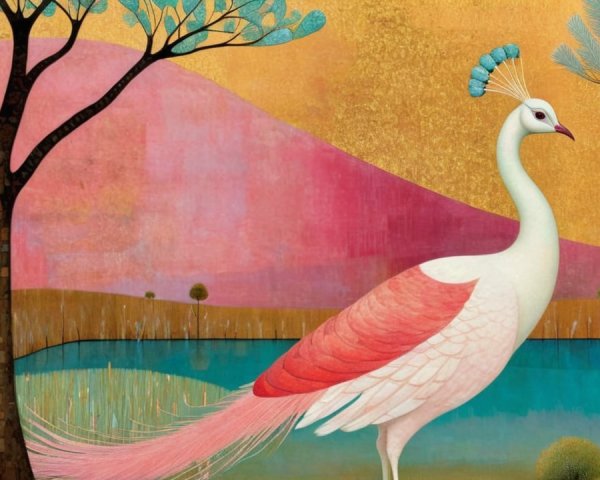 Serene White Peacock in a Whimsical Landscape