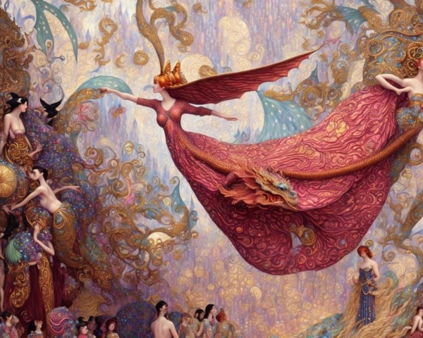 Vibrant Scene of Ethereal Figures in Colorful Dresses