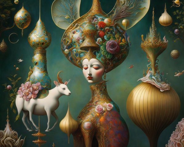 Regal Figure in Surreal Whimsical Landscape