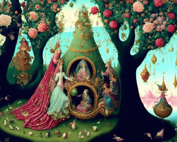 Vibrant Garden Scene with Elegant Figures and Animals