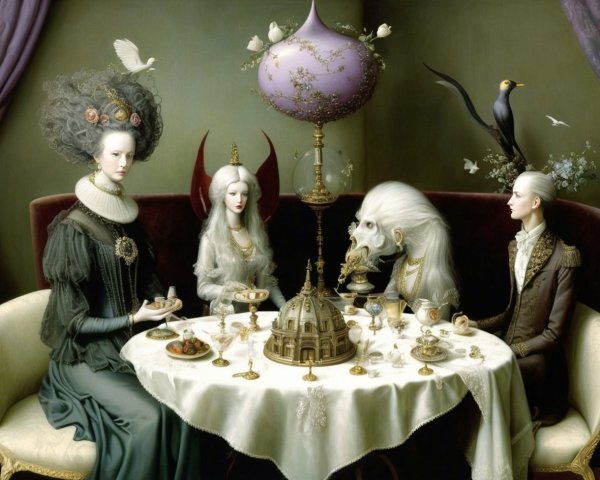 Elegant Figures at Ornate Table with Surreal Decor