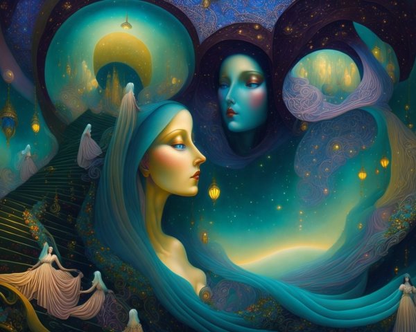 Dreamlike Scene with Ethereal Figures and Cosmic Elements