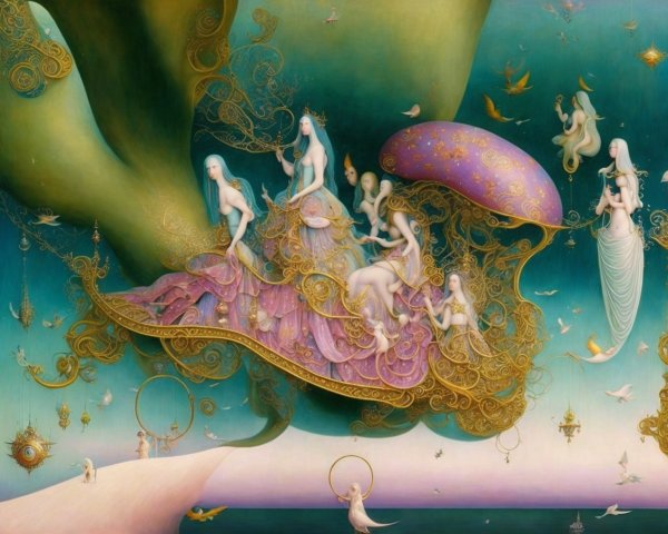 Surreal Landscape with Ethereal Figures and Whimsical Elements