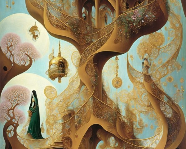 Surreal Landscape with Ornate Staircases and Trees